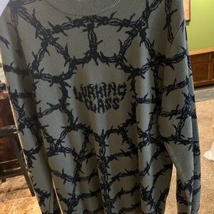 Men's Olive Green Crewneck Sweater with Black Graphic Pattern